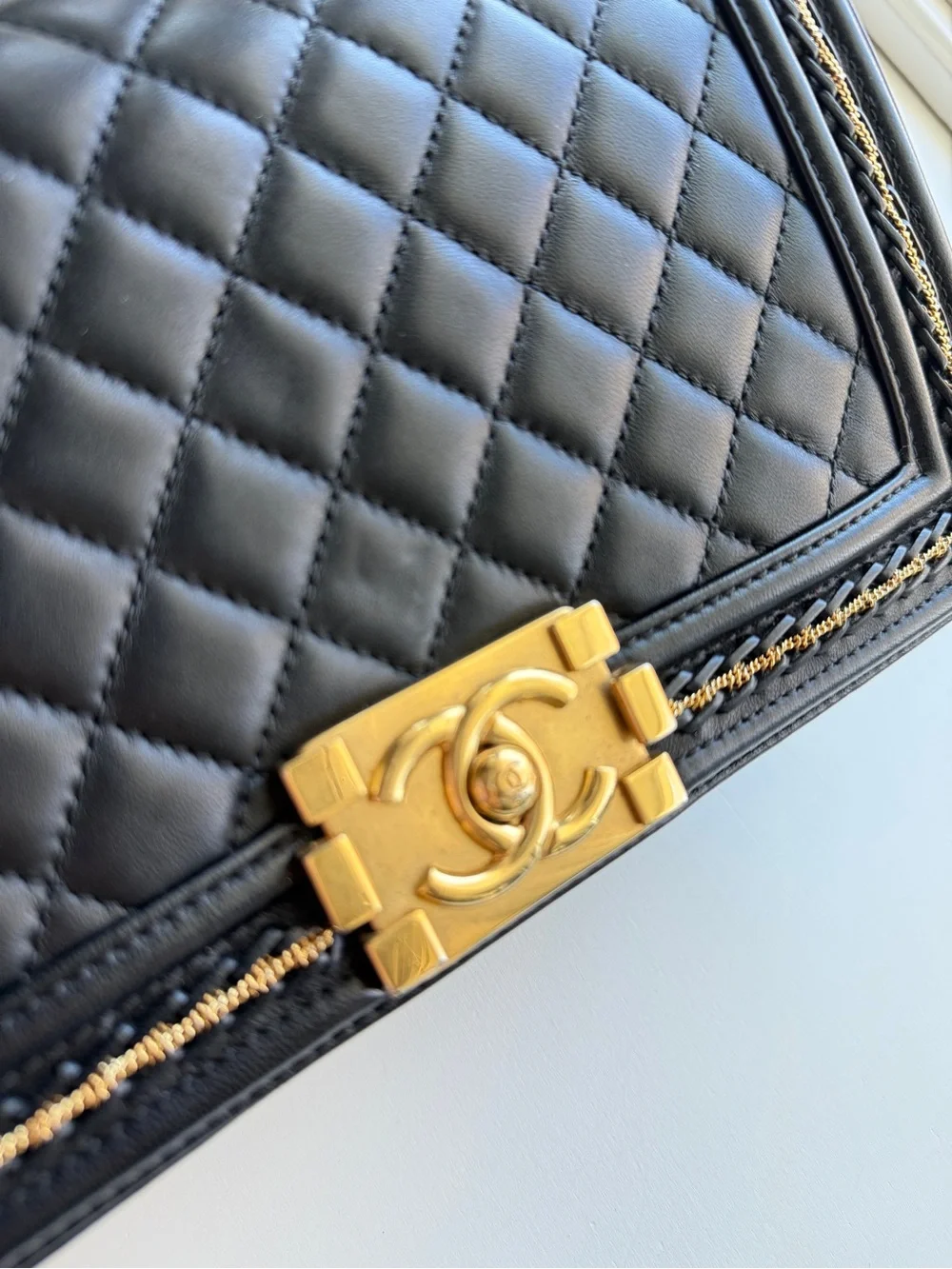 CHANEL Boy Small Black Lambskin Quilted Gold Hardware Chain Shoulder Bag